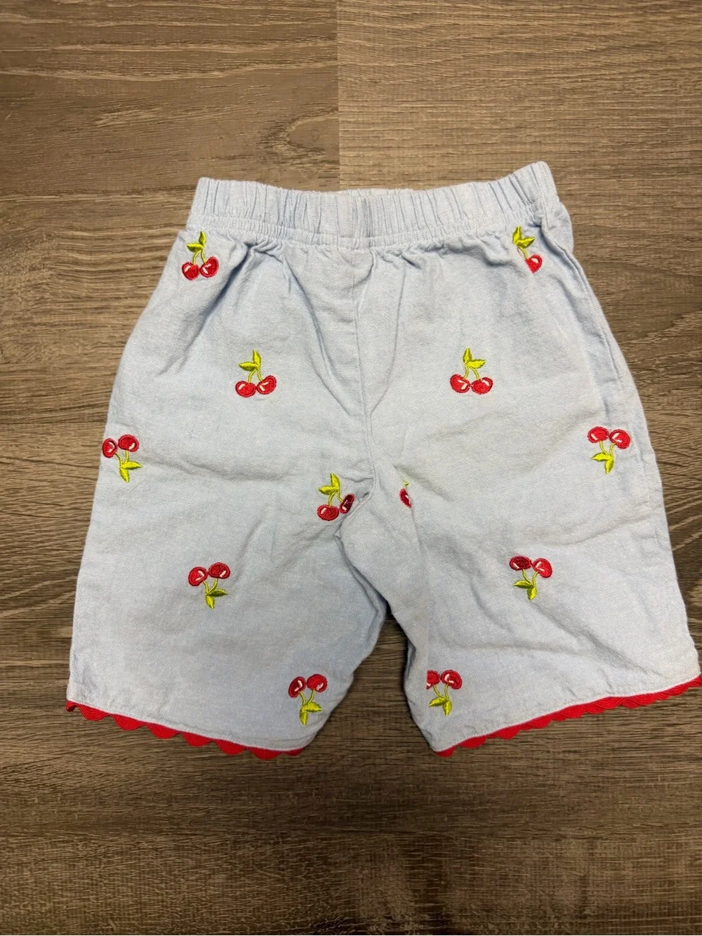 miniwear Light Blue Cherry Embroidered Shorts with Red Trim